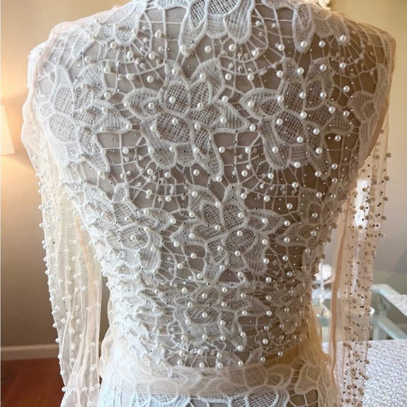 Pearl Rhinestone Sheer Bodysuit Long Sleeve Mesh Top Blouse Crop Top Clubwear M - Picture 8 of 12